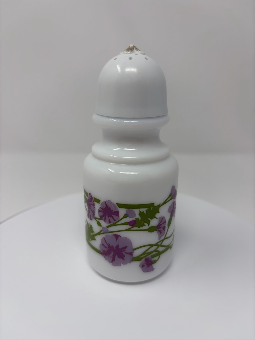 Vintage Avon Milk Glass Salt/Pepper Shaker Plastic Tops Purple Flowers